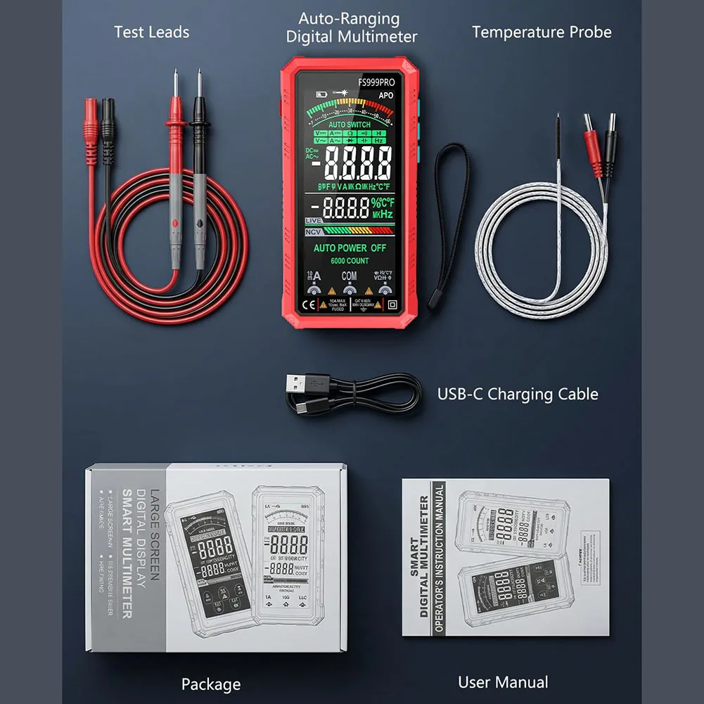 6000 Counts True for rms Digital Multimeter Auto Ranging USB C Rechargeable CAT III 1000V CAT IV 600V Compact Design