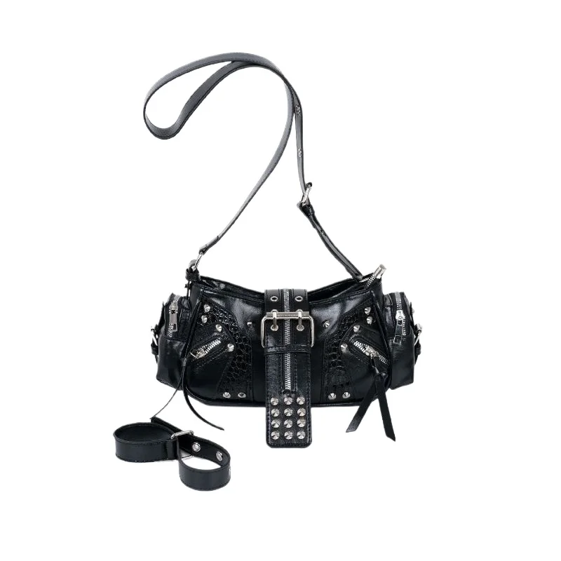 

[Factory Direct Sales] New Punk Wind Locomotive Bag Trendy Cool Rivet Belt One Shoulder Crossbody Bag Female Street Hunter Style