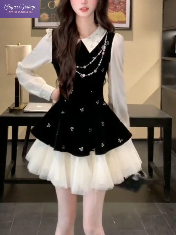 French Elegant Velvet Dress Women Fake 2-Piece Long Sleeve Collar Mesh Puff Skirt Vintage Sweet Gothic Lolita-Inspired Outfit
