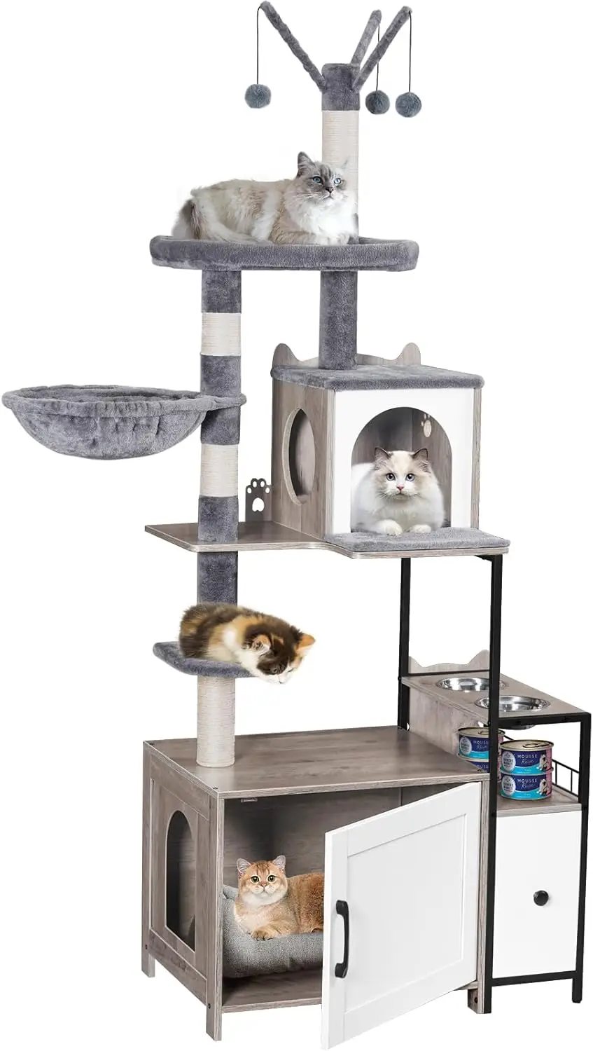 67.32" Cat Tree with Hidden Litter Box, 3-in-1 Cat Tower for Indoor Cats, Food Station & Hammocks