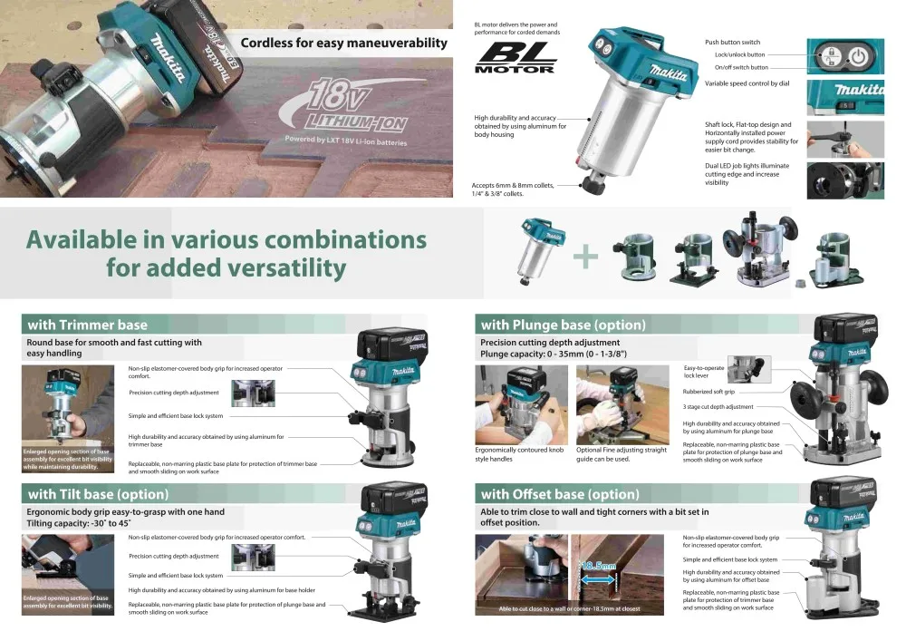 Makita DRT50Z LXT Brushless Cordless Laminate Trimmer 18V Carpenter Lithium Tools DRT50ZJX9 30000RPM Electric Trimmer Woodworker