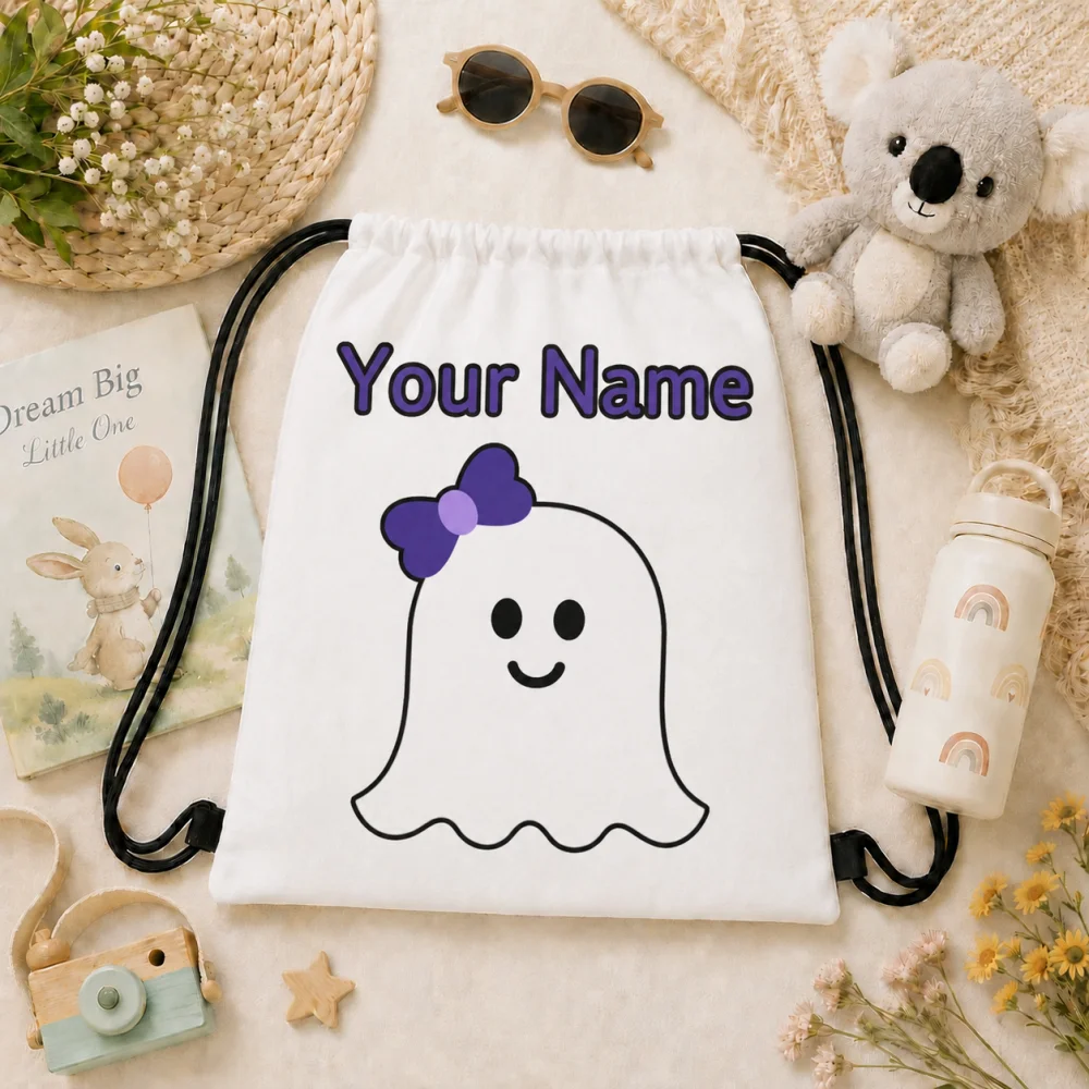 1pc Custom Name Halloween Cute Ghost Drawstring Backpack, Personalized Print String Storage Bag for Kids Gym Trick Or Treat Gift