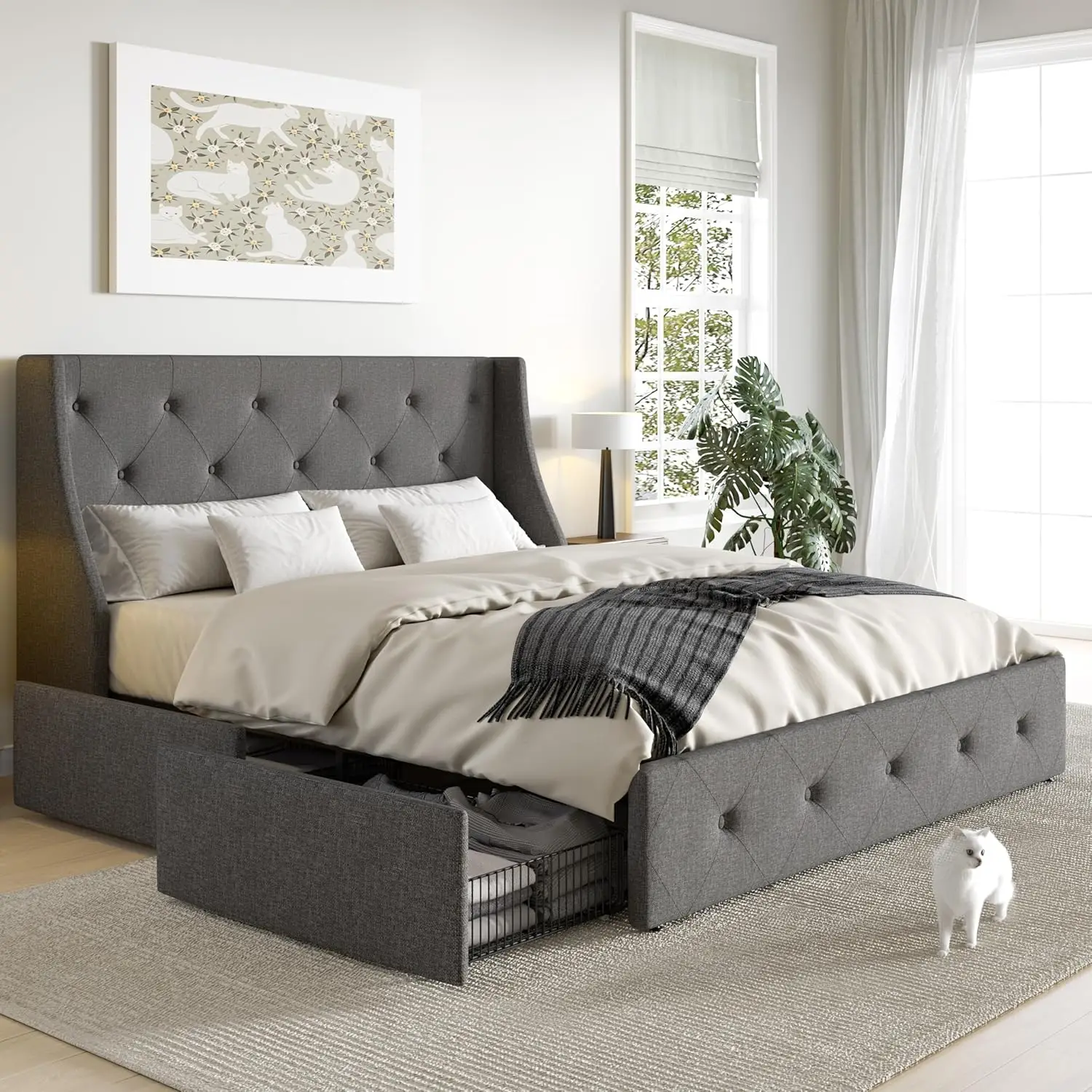 

Bed Frame with 4 Storage Drawers and Wingback Headboard, Diamond Stitched Button Tufted Design, No Box Spring Needed