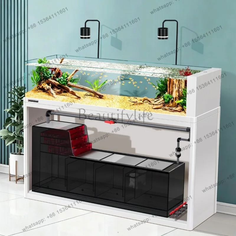FG Large Stream Scape Aquarium: Eco Self-Cleaning Fish Tank Ultra Clear Glass Bottom Filter, Complete Cabinet Set Living Room JT
