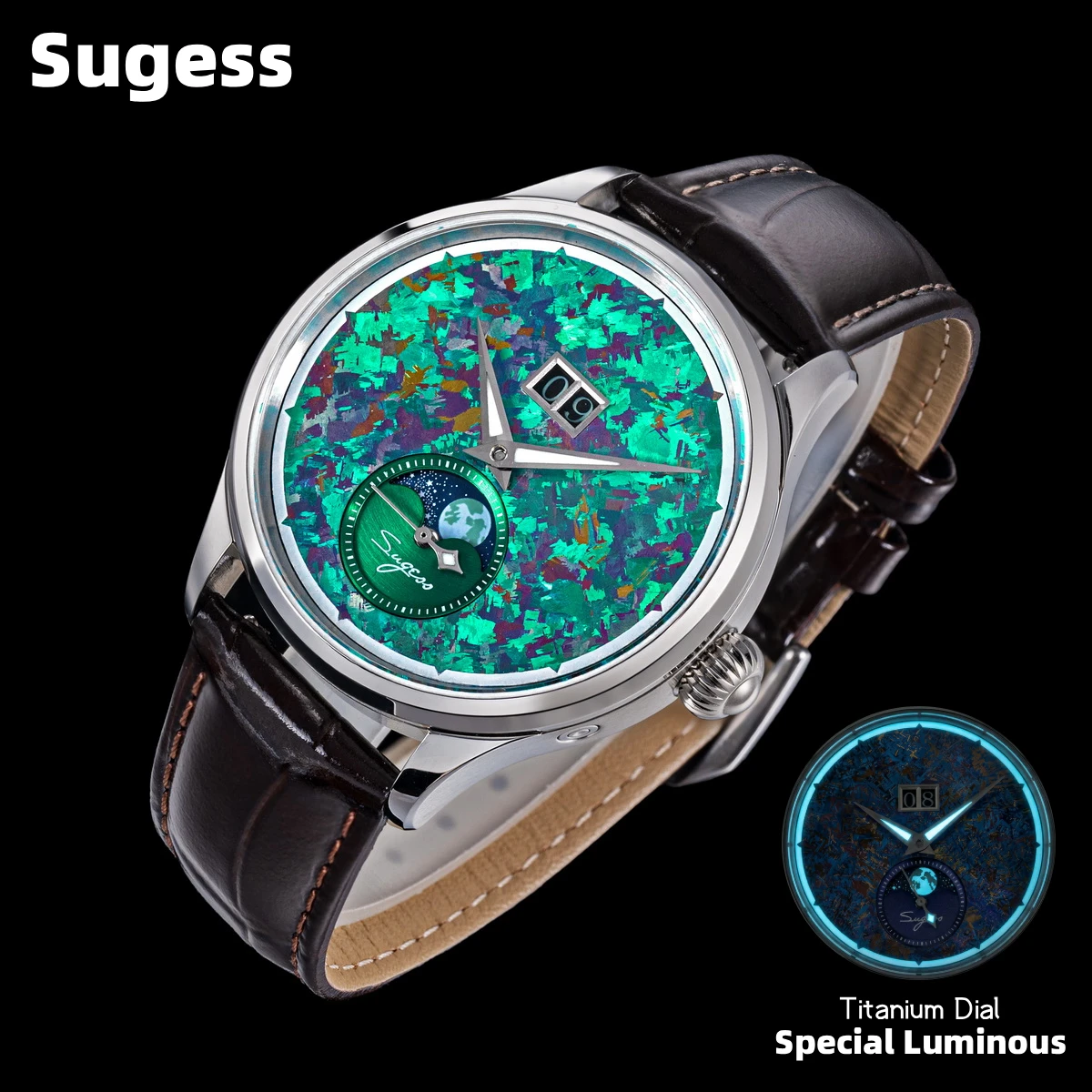 Sugess Watch of Men Moonphase ST2528 Movement Automatic Mechanical Wristwatches Waterproof Sapphire Crystal Titanium Dial S401