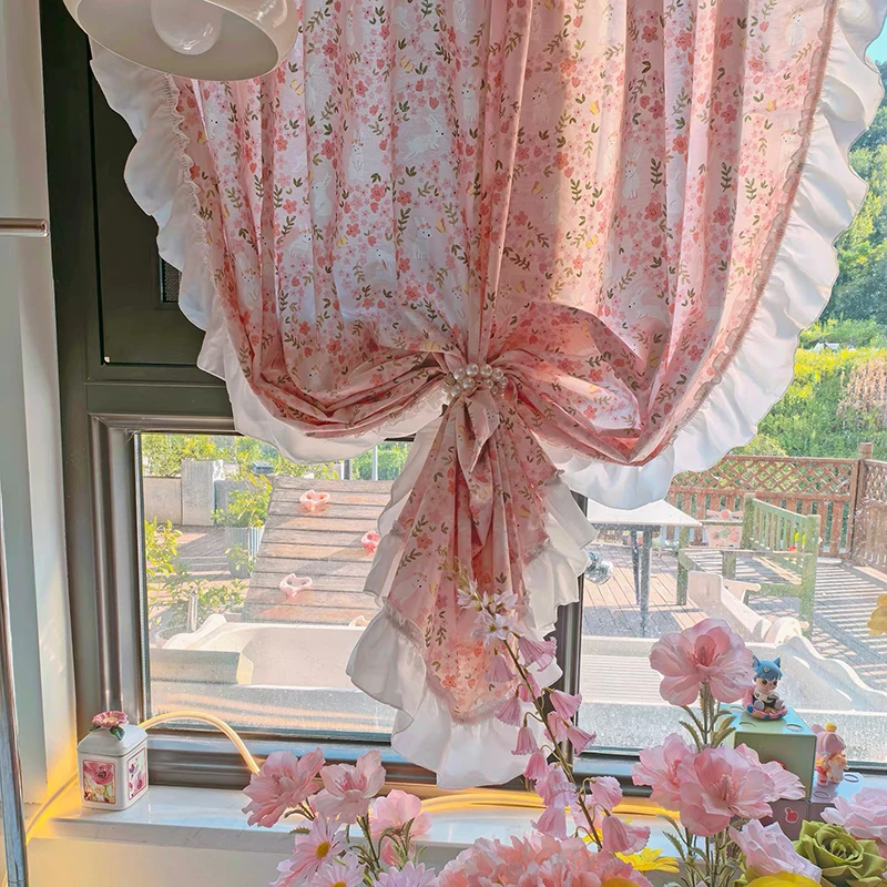 Retro Rabbit Pattern Door Curtains for Living Room American Rural Style Cotton Curtains for Kitchen Ruffled Lace Curtains #A685
