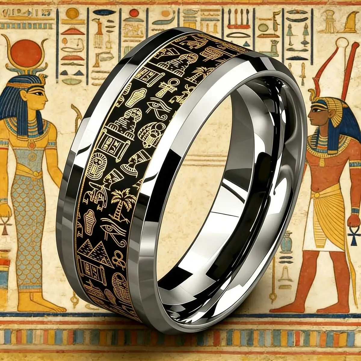 SUNFLOWERZHU 8MM Pharaoh Stainless Steel Ring Women Men Non-fading Wedding Band Engagement Polished Double Beveled Ring