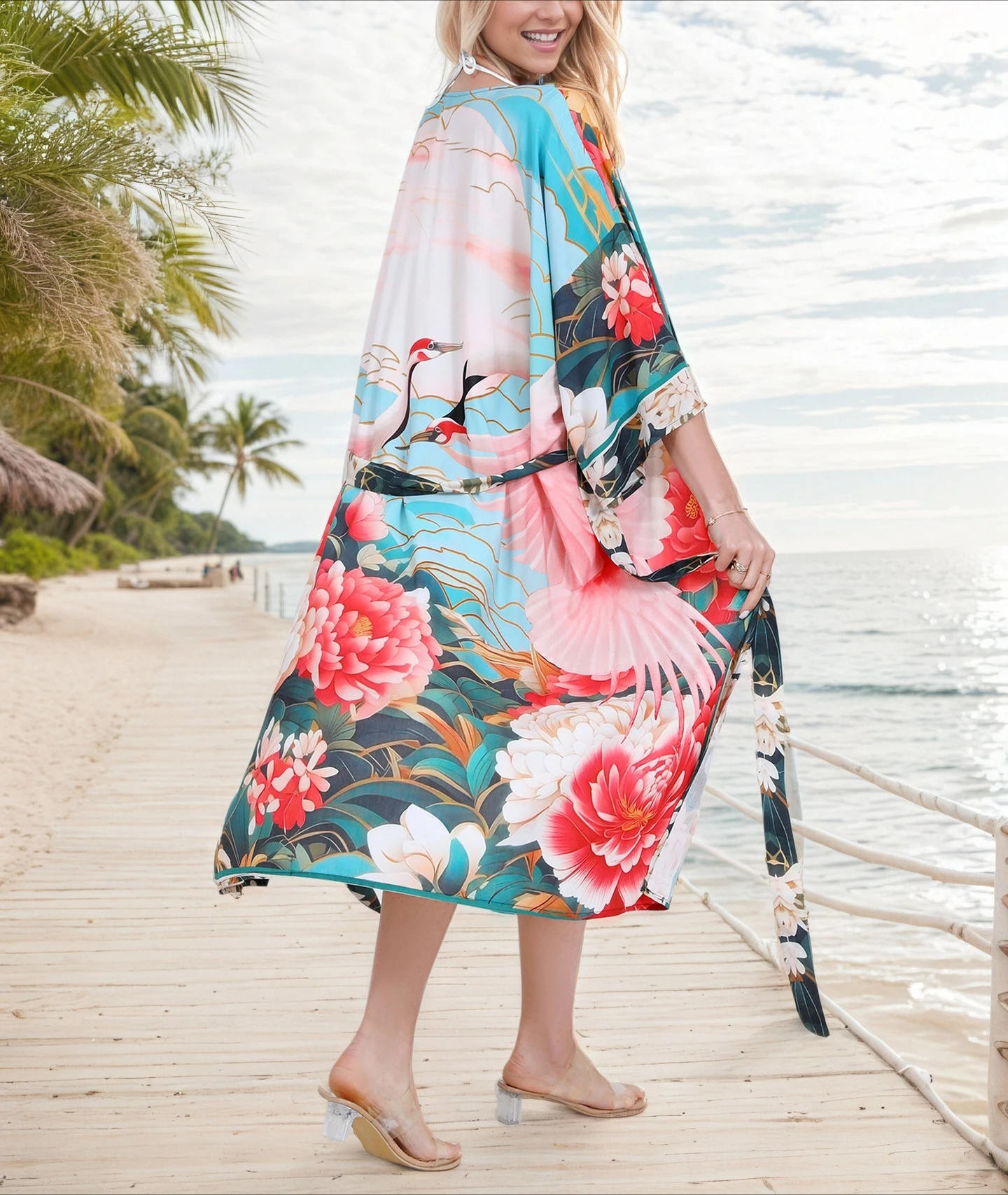 Ethnic Cotton Rayon Floral Printed Cardigan For women Robe gown swim Cover-up Boho Beach Wear Kimono blusas bikini cover-ups