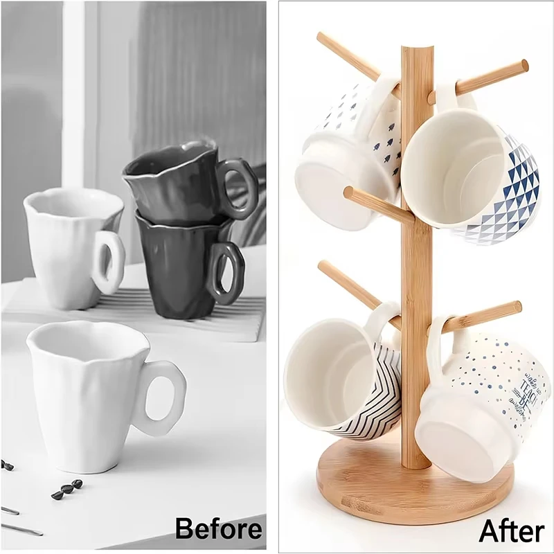 6Hook Mug Tree Holders Desktop Cup Organizer Bamboo Cup Rack Stand for Coffee Bar Accessories Space-Saving Sundries Display Rack