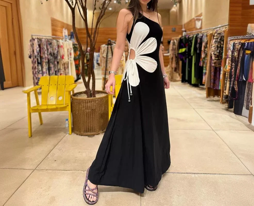 Sexy Club Outfit Women 2024 Dresses Colorblock Floral Print One Shoulder Drawstring Maxi Dress New Fashion 2024 Summer Casual