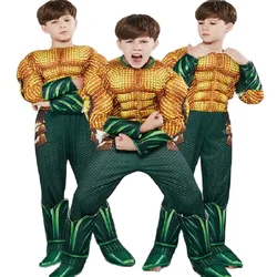 Boy Ocean Gold Aquaman Muscle Cosplay Costume Kids Halloween Anime Costumes Children Superhero Carnival Role Play Suit Jumpsuits