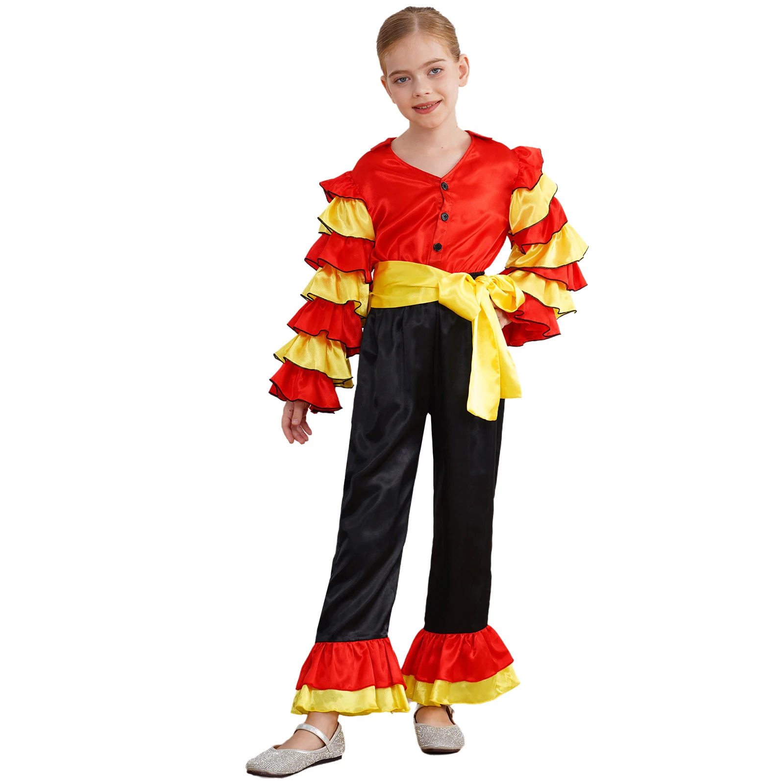 Kids Halloween Carnival Party Rumba Dance Costume One Piece Tiered Ruffle Bodysuit High Waist Flared Jumpsuit Cosplay Dress Up