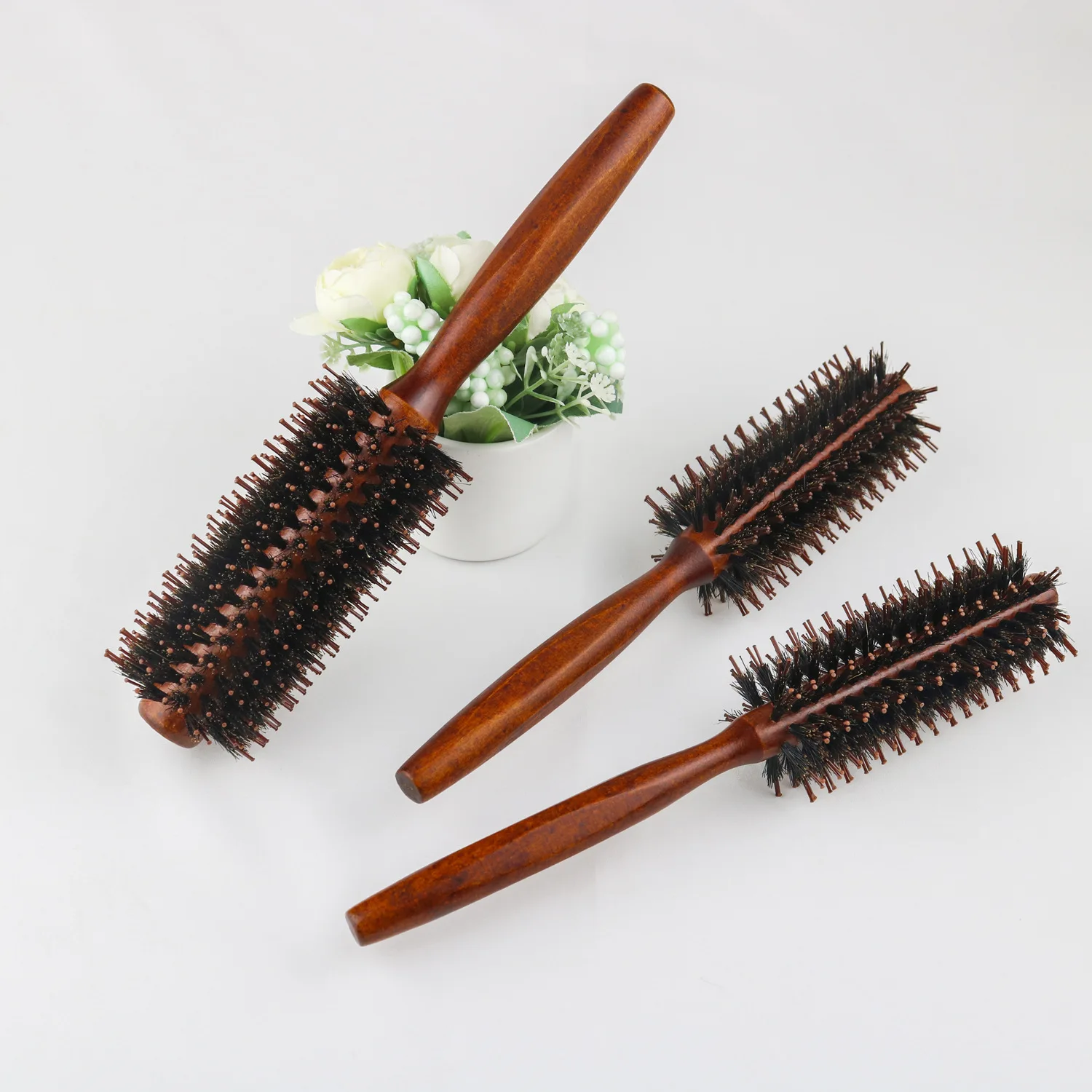 Porcine bristle solid wood curly hair comb Square handle hair roller comb Home style four flat rolling comb hairbrush