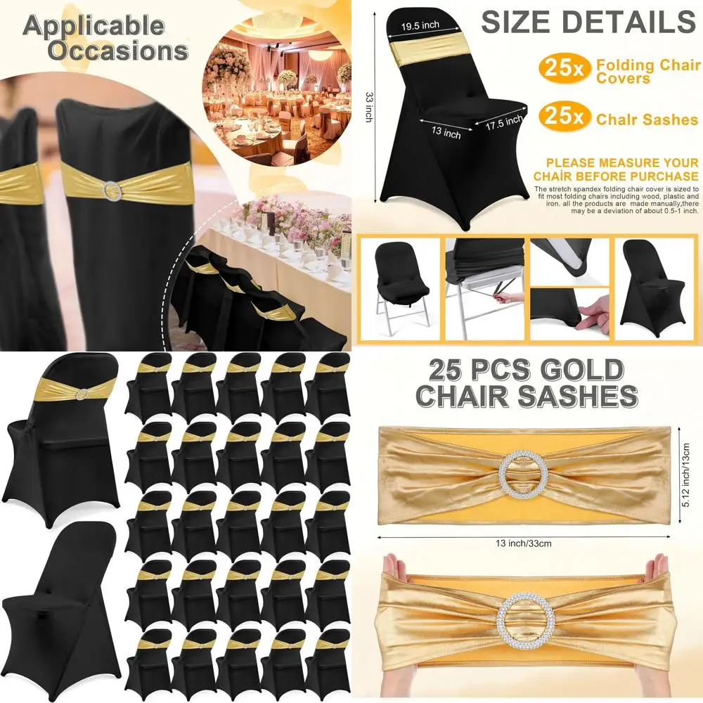 

50-Pack Folding Chair Covers with Spandex Slipcovers and Sequin Sashes for Party, Wedding, and Events (Black & Gold)