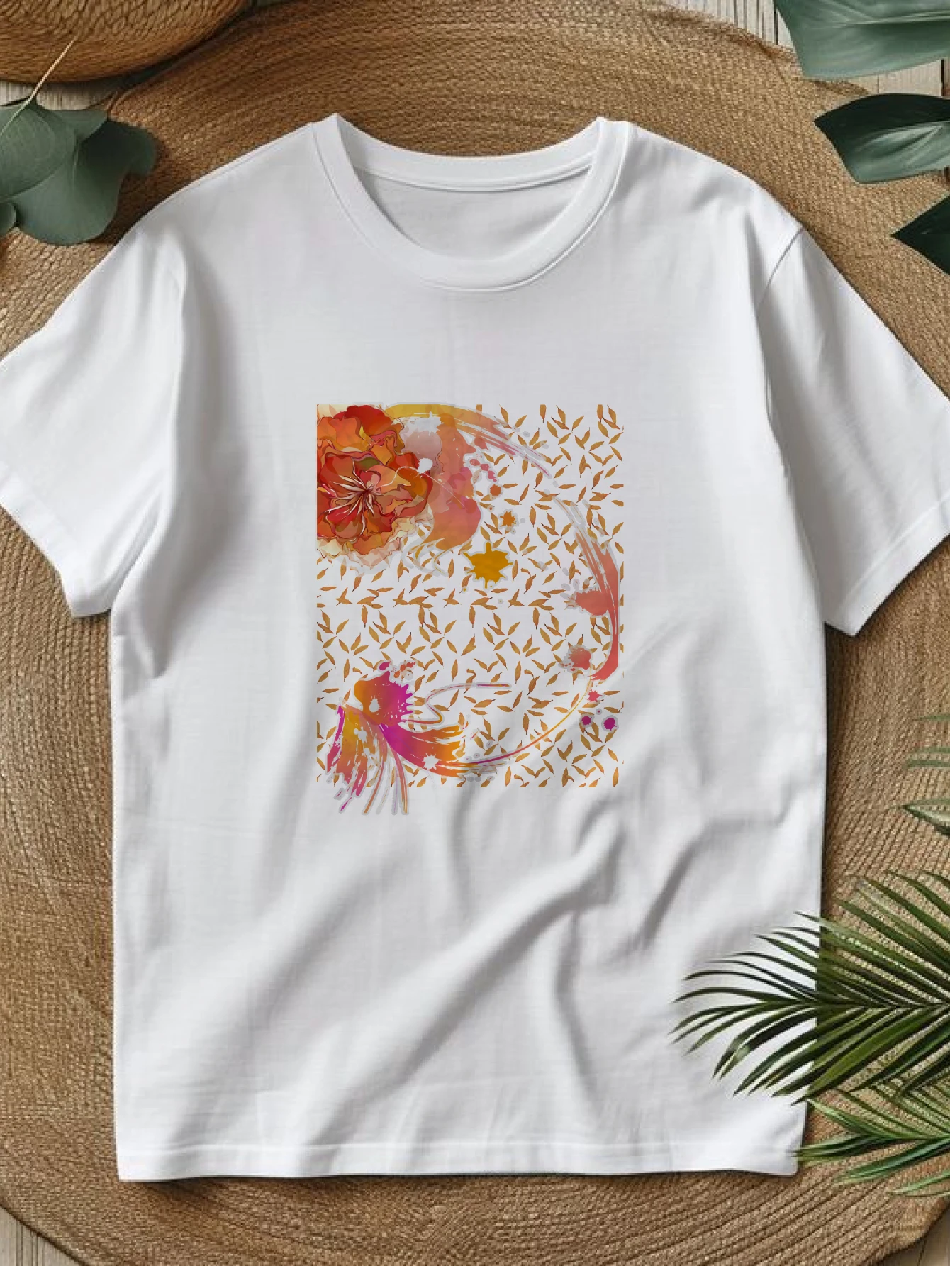 

Женские футболки в китайском стиле, винтажная одежда 90-х годов, четыре сезона, повседневная пара, 100% хлопок, абстрактный цветочный дизайн, произведение искусства, принт