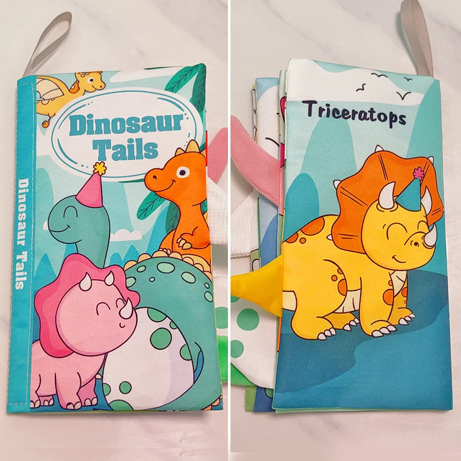 Libro in stoffa con coda di dinosauro per l'educazione precoce del bambino, lavabile, morso, duro a strappo a mano, libro cognitivo, giocattolo puzzle per neonati