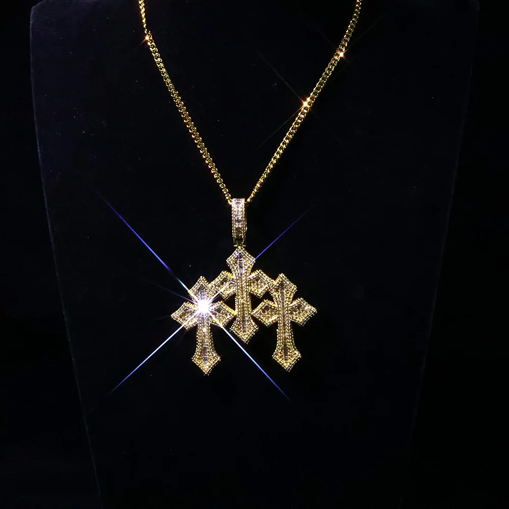 

Hip Hop 3inch Iced Cross Pendant High Quality 5A Cubic Zirconia Cool Men Jewelry CZ Triple Cross Pendant Necklace Free Shipping