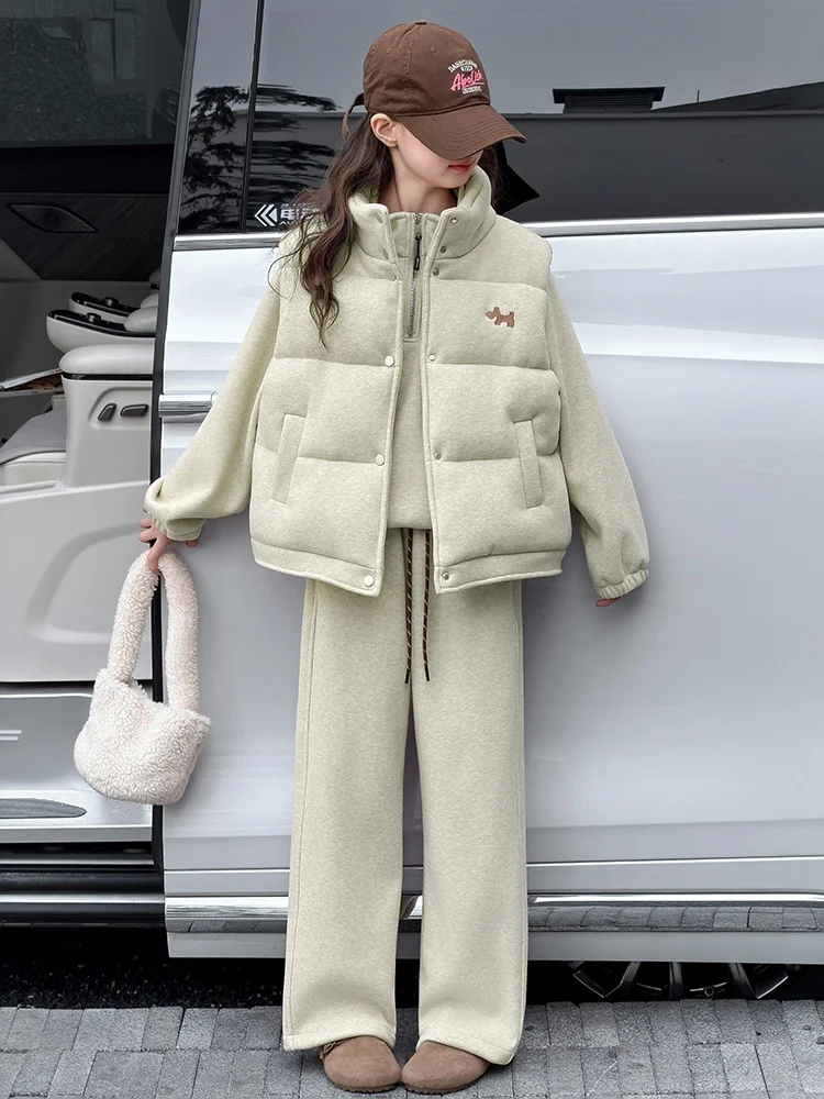 

Thiened Fce Children's Casual Outfit Tee-Piece Set Autumn Winter Faion Korean Sle Girl's Vest Sweatirt Set