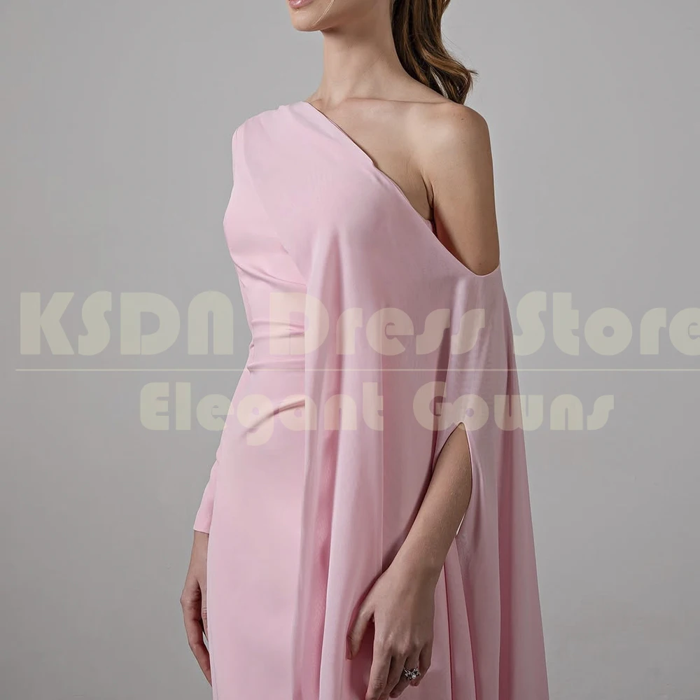 Elegante rosa vestidos de noite customzied um ombro capela trem vestido de manga longa personalizado elegante feminino vestidos de celebridades