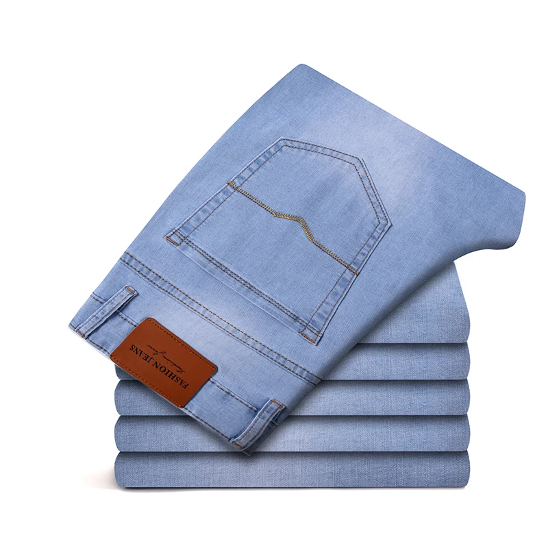 

2024, весна-лето, новые мужские небесно-голубые тонкие эластичные джинсы, классический стиль, модные повседневные джинсовые брюки, мужские брендовые брюки