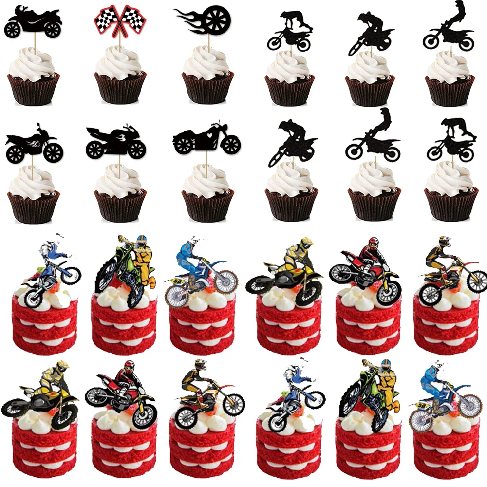 24 teile/satz Motorrad Geburtstag Kuchen Dekorationen Cupcake Topper Motocross Sport Party Liefert für Männer Jungen – Detail 1