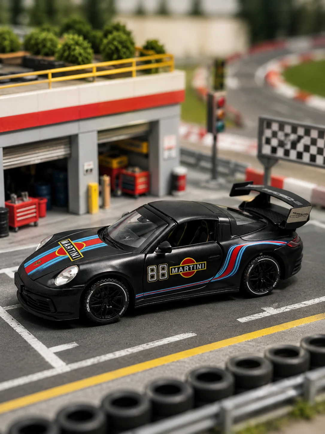 

1:32 Scale Matte Black Sports Car Model with Racing Livery & High Rear Wing