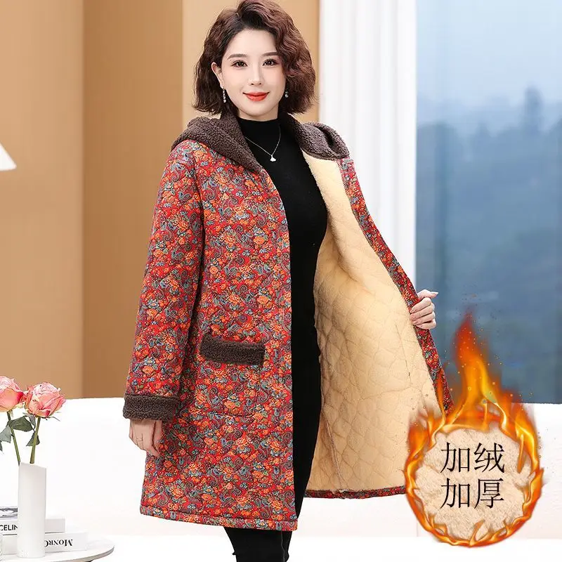 Mamma di mezza età e anziani Stampa floreale Giacca lunga in cotone foderata in pile Cappotto invernale caldo con cappuccio per cappotti addensati alla moda TS472