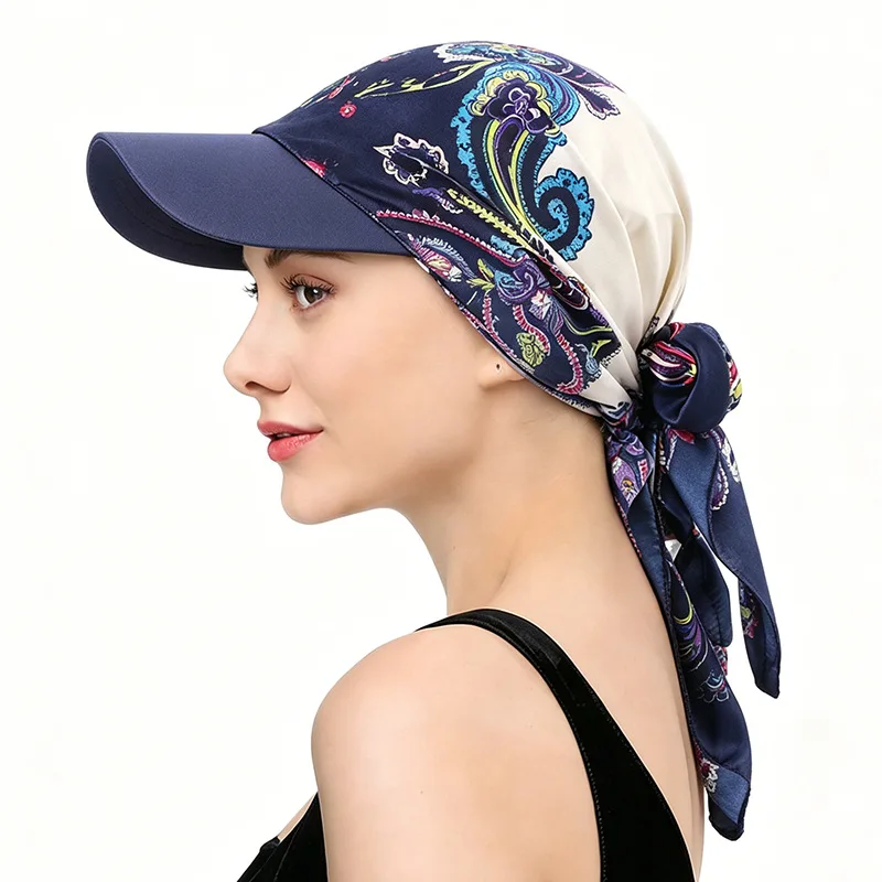 New Women Satin Paisley Print Hat with Brim Sun Hat Strapped Design Baseball Cap Soft Breathable Printed Headscarf Turban Caps