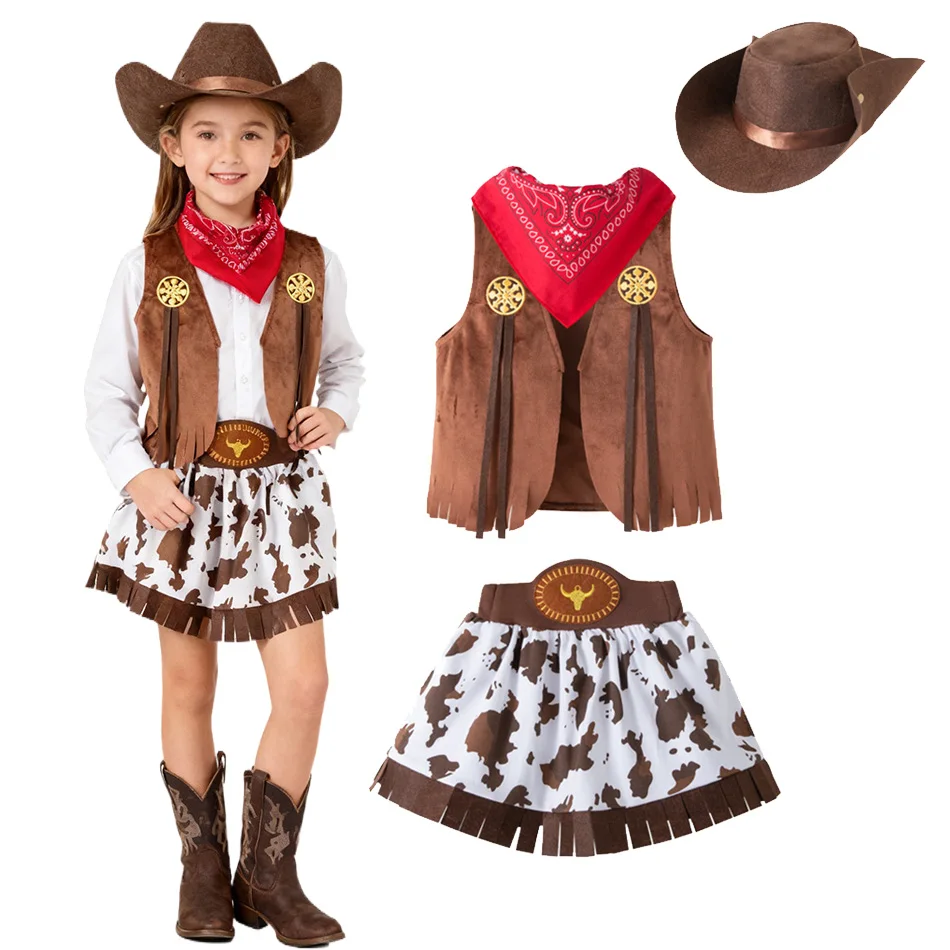 Kids Cowboy Costume Set for Girls Western Theme Dress Up Outfit with Vest Skirt Bandana Cowboy Hat Perfect for Halloween 1-15Y