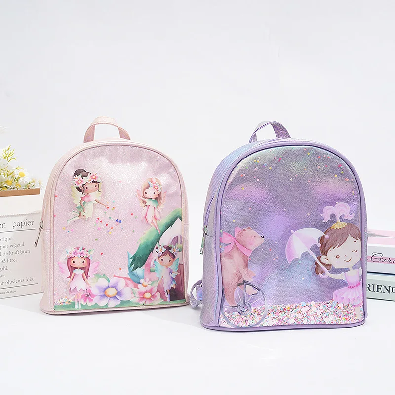 

Little Girls Sequin Print Fairy Backpack Shiny Loose Powder Student Schoolbag Toddler Cartoon PU Printed Rainbow Backpack