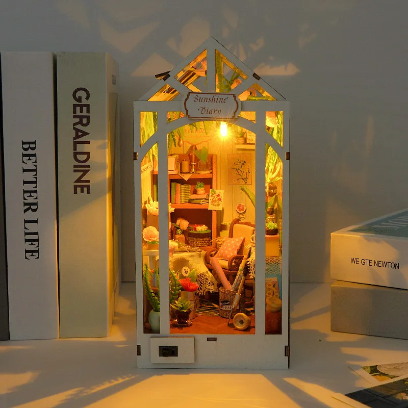 Kit Model Miniatur Kayu DIY Book Nook Sunshine Diary Bookend Puzzle 3D dengan Lampu LED Rak Buku untuk Hadiah Ulang Tahun Teman