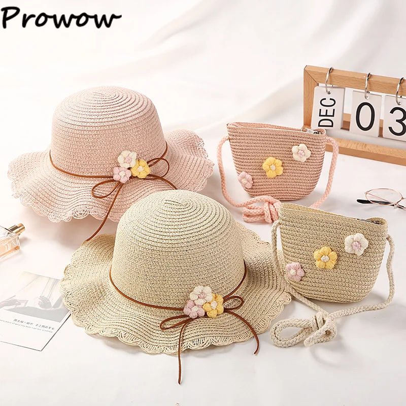 2024 Girls Straw Hat Summer Children Sun Hat Flower Holiday Beach Cap With Kids Bag Street Outdoor Wide Cap For 3-10Y