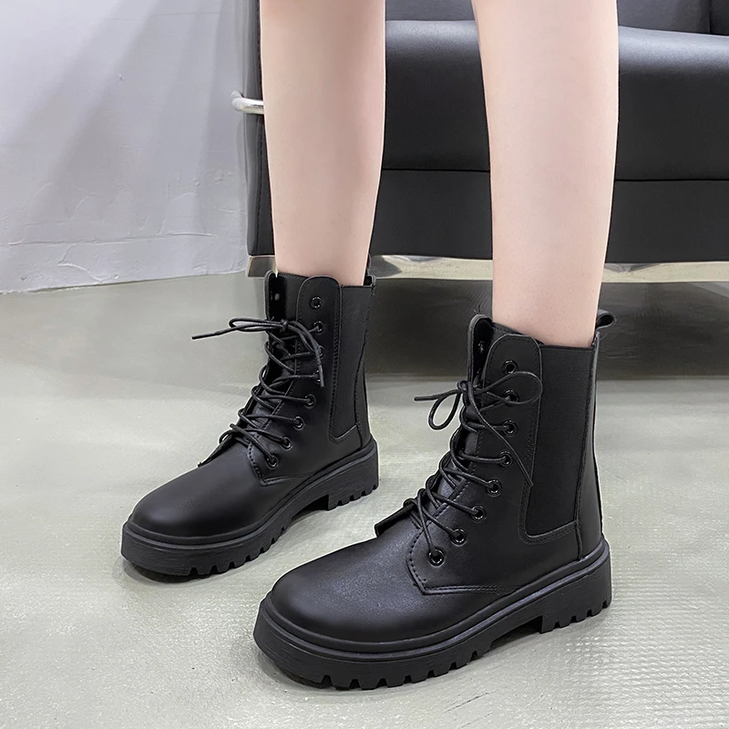 Women 2024 Autumn Winter New Tooling Boots Lady Anti Slip Waterproof Lace Up Short Boots Women Casual Thick Heel Knight Boots