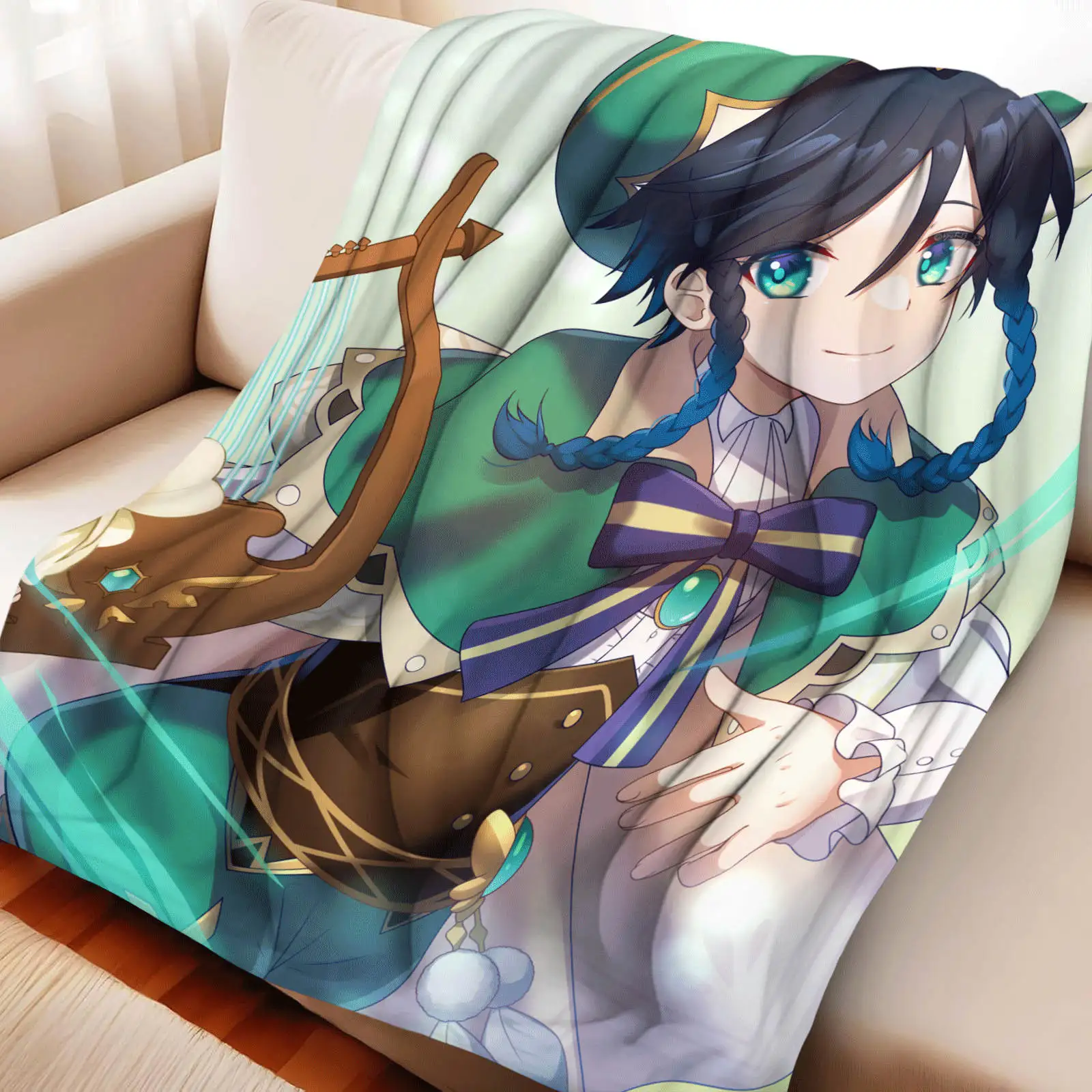 

Плюшевый плед Genshin Impact Venti из фланели, пушистый, для детей, с мультяшным рисунком, для дивана и спальни