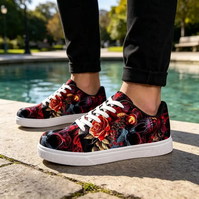 Ladies Men's Road Running Shoes，Fashionable Skull and Rose Print，White casual sneakers，Comfortable outdoor sports shoes - view 6