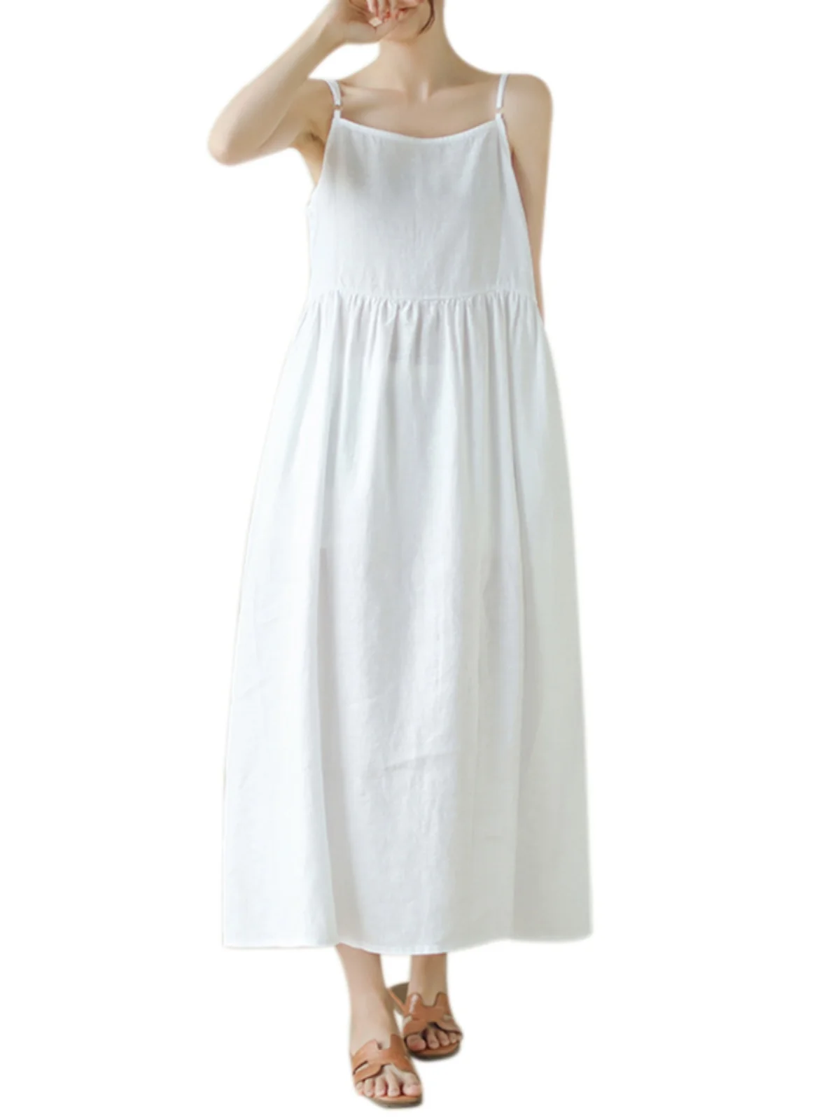 Artistique ample coton lin Midi Dr Svel mince Simple a-ligne robe Vintage Sle décontracté été Faion femmes Dr