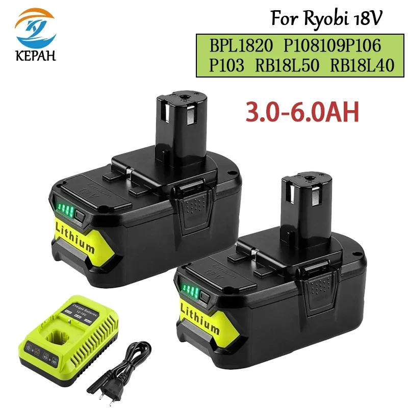 

18V 6.0Ah Li-ion Rechargeable Battery for RYOBI ONE+，cordless Power Tool BPL1820 P108 P109 P106 P105 P104 P103 RB18L50 RB18L40