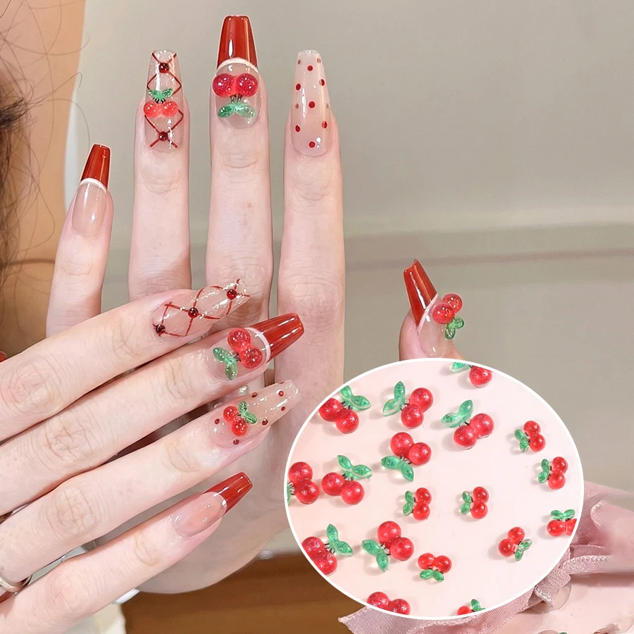 3D Ice Transparent Red Flat Bottomed Cherry 30PCS Kawaii Creative Simulated Cherry Resin Nail Charms Nail Art Decorations DIY