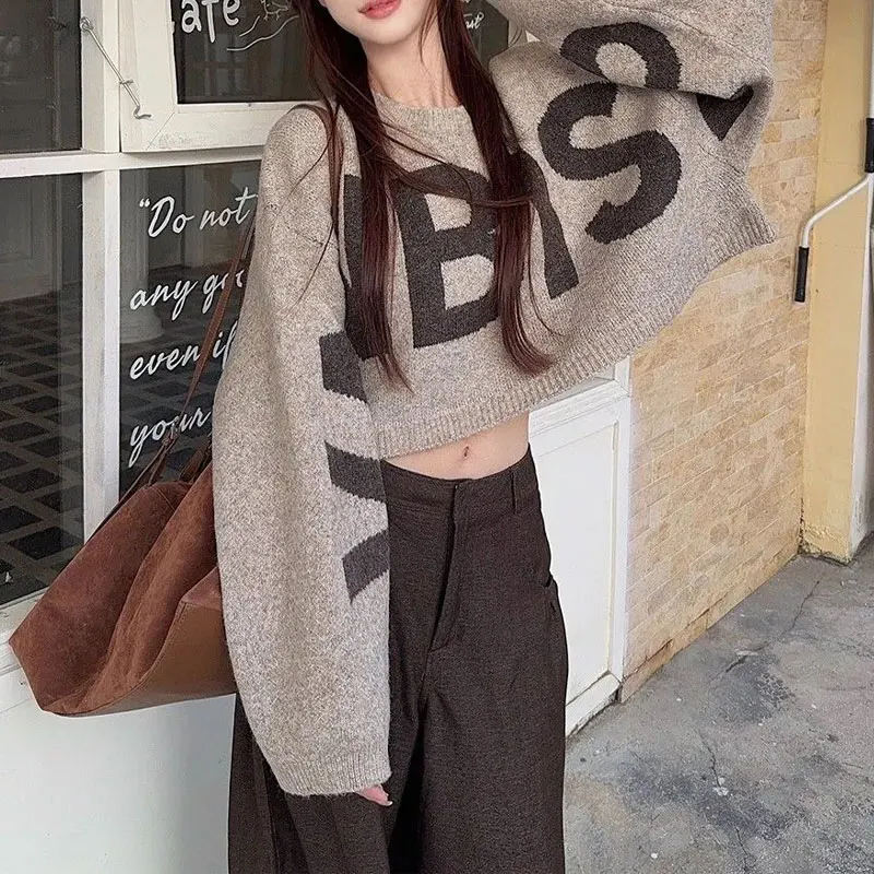 Women's Clothing Letter Short Pullovers Knitted Vintage Loose Autumn Winter Basic Round Neck Korean Casual Long Sleeve Sweaters