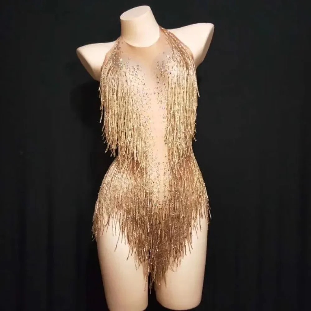 Body con borlas doradas brillantes para mujer, traje con cuentas de alta elasticidad, traje ajustado para fiesta de DJ, Ropa de baile de una pieza