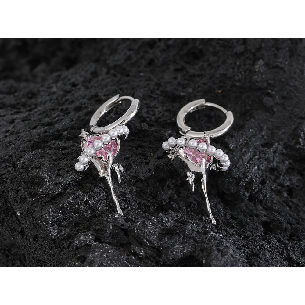 Eetit Roze Zirkonia Bling Cz Mooie Hartdruppel Oorbellen Voor Meisje Cadeau Koper Imitatie Parel Prachtige Sieraden Bijoux