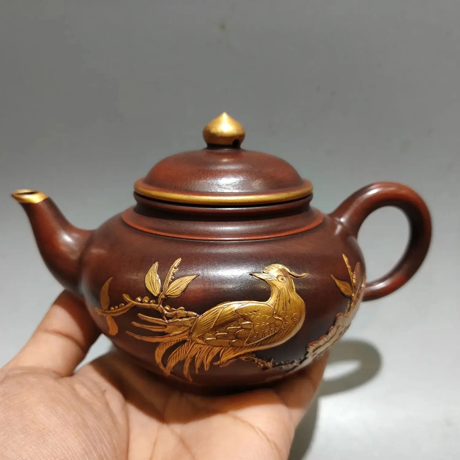 Yixing Teapot Purple Clay Pot Outline in gold Bird Flower Pattern Pot 4 tea cups set Kettle Teapot Pot Tea Tasting Tea Ceremony