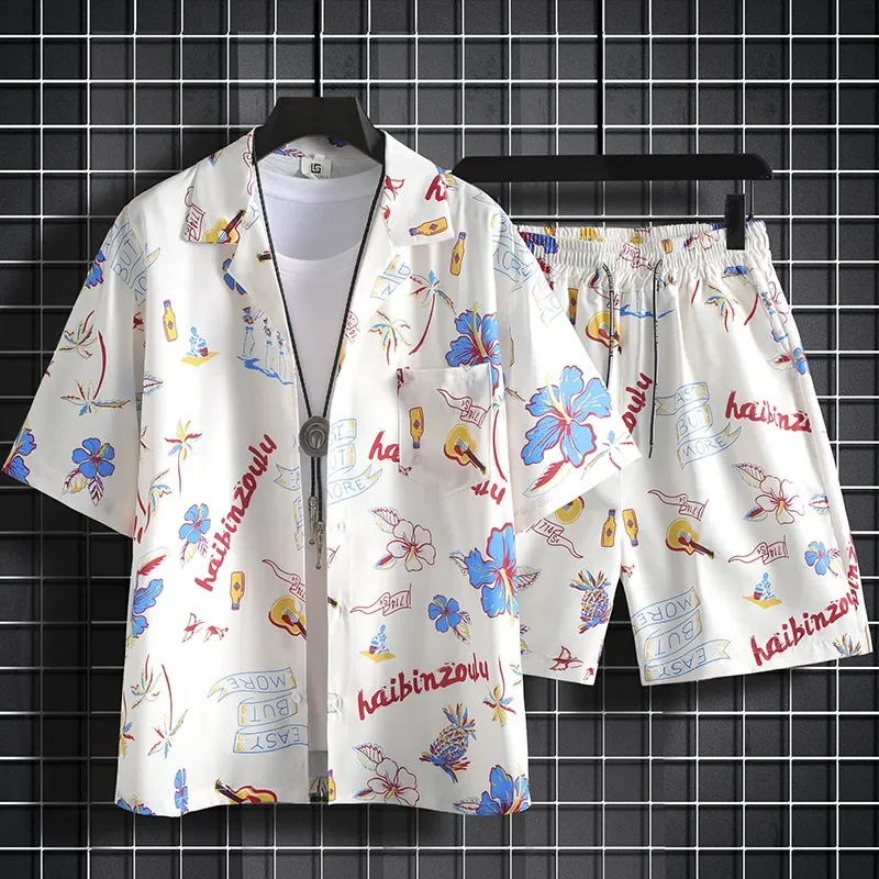 Men Hawaiian Print 2 Piece Set Short Sleeve Shirt And Shorts Beach Summer Outfit
