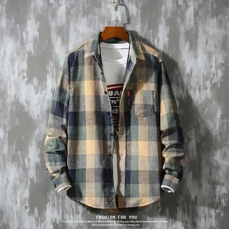 Autumn Korean Style Men's Plaid Shirt Long Sleeve Casual Trendy Jacket Slims You Smooths Your Silhouette