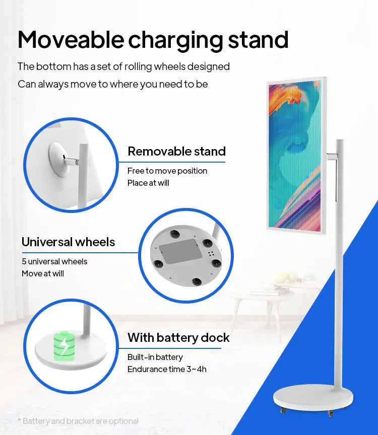 تلفزيون ذكي متحرك مقاس 24 بوصة تفاعلي 2025 - شاشة لمس قابلة للدوران مع نظام تشغيل أندرويد، تلفزيون متنقل محمول يعمل بالبطارية للمنزل