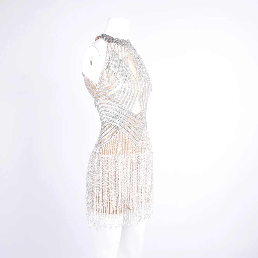 Luxe mini-jurk met kristallen franjes en halter – bodycon-jurk met rugloze pailletten voor nachtclubs, cocktailpartys en glamour-evenementen