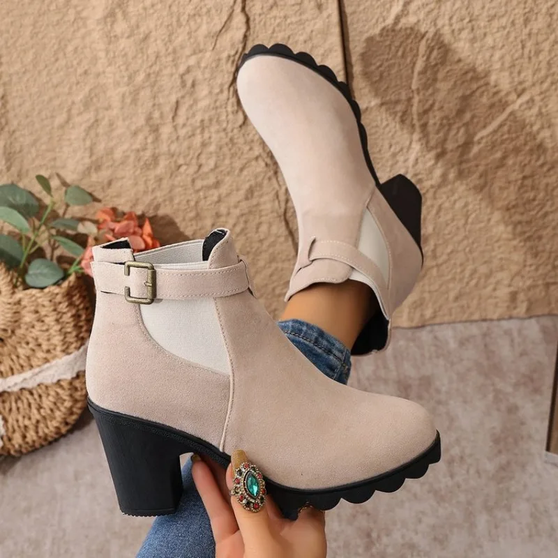 Botines de mujer con punta redonda, tacón medio, parte superior de imitación de gamuza, correa con hebilla, abertura lateral, calzado casual para uso diario y caminatas al aire libre.