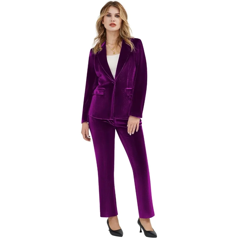 Women's 2 Piece Velvet Suit Notch Lapel One Button Slim Fit Business Party Wedding Tuxedo Blazer Pants Set