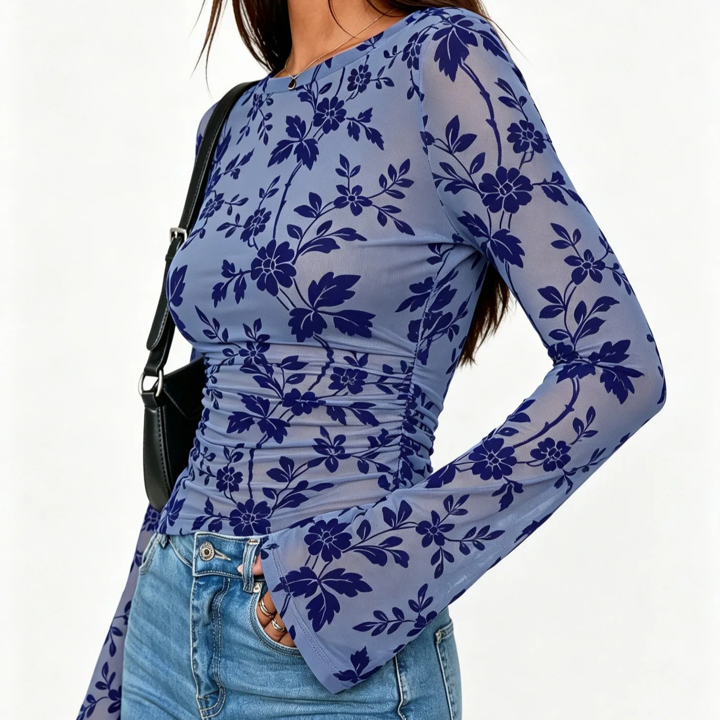 Long Sleeve Round Neck Top Fitted Western with Flocked Autumn Crew Neck Regular Sleeve Sexy Patchwork T Shirts for Women