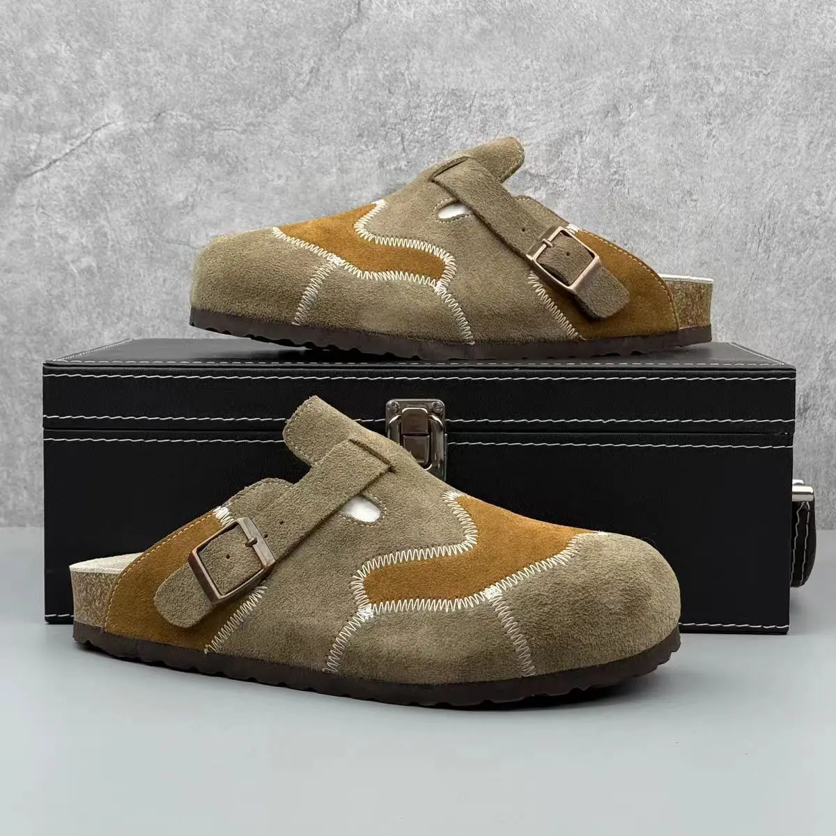 Bocken shoes men 2026 new cork toe cap drag color matching one foot half slippers genuine leather retro exterior slippers
